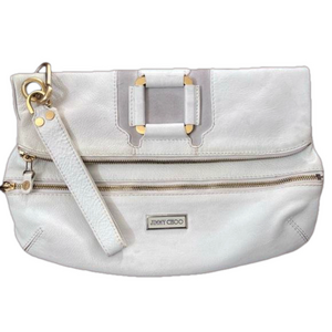 Jimmy Choo Marin Clutch White Leather Foldover Clutch Wristlet Purse Matte Gold